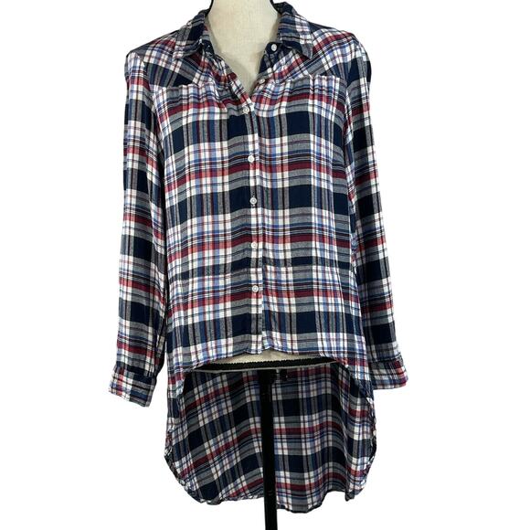 NY Collection Medium Top Plaid Hi-Low Long Sleeves Button Up Collared Multicolor - Picture 1 of 8